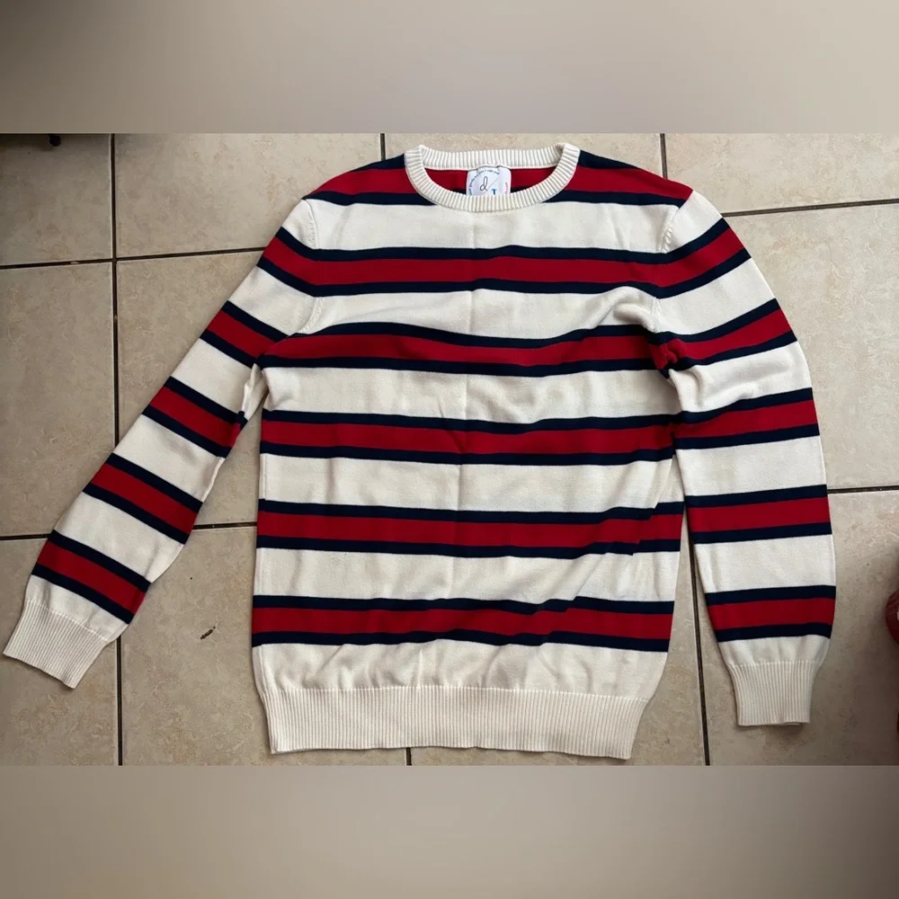 Crewneck Sweater with Red and Navy Stripes
